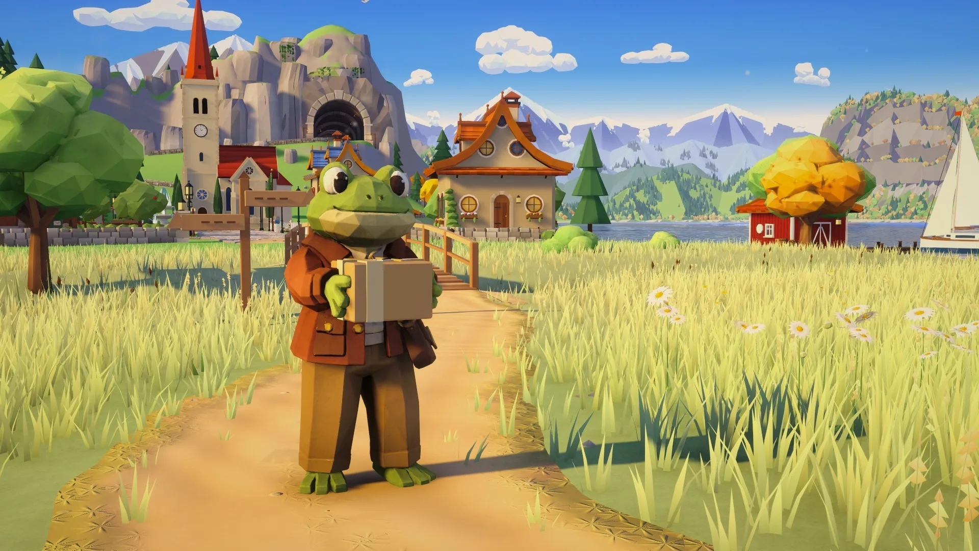 Mister Jabi carries a parcel along the meadow path, with Zhabville, the lake and the mountains behind him