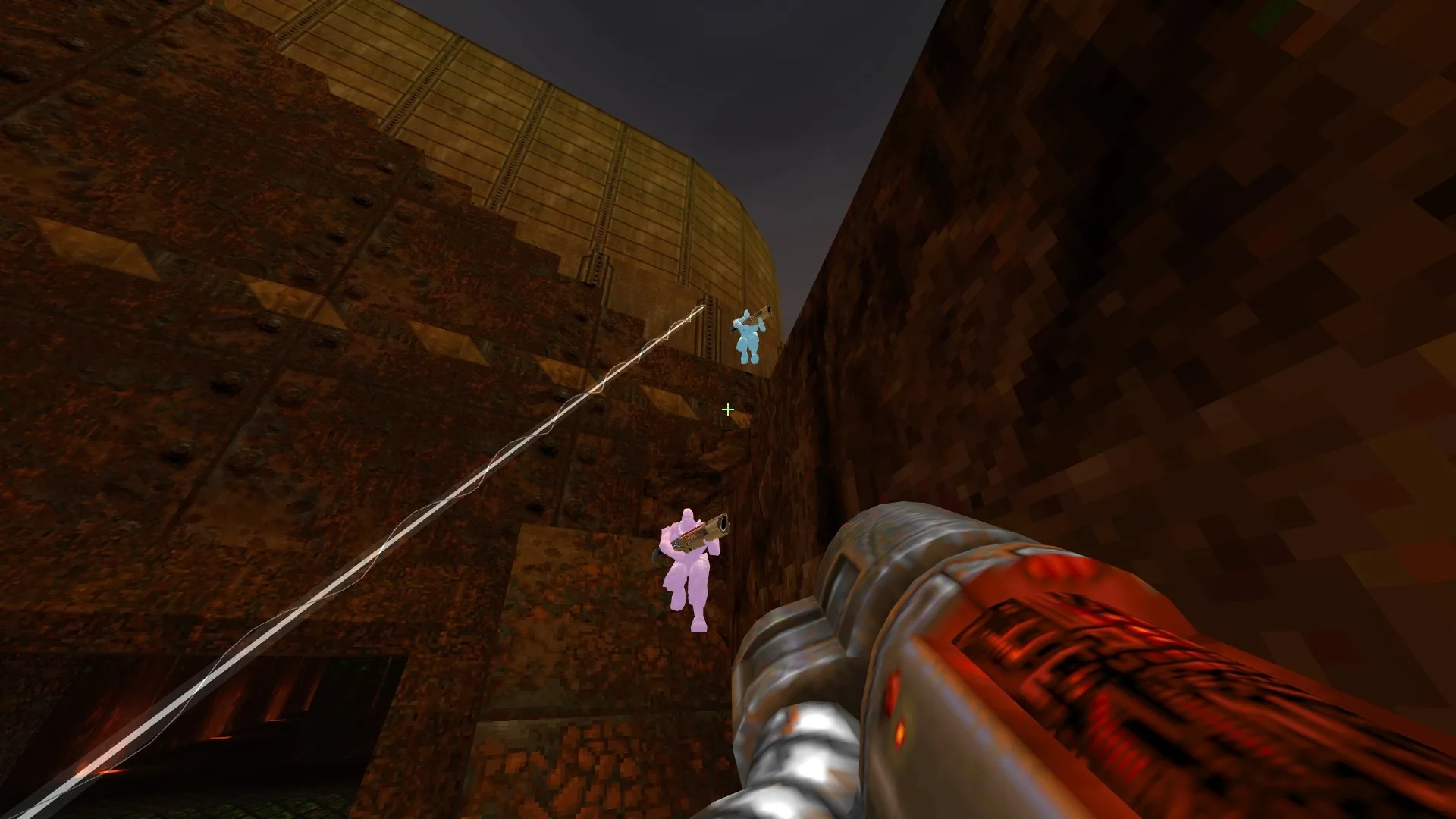At the edge of the map under the open sky: two opponents on the wall as a rail flashes past