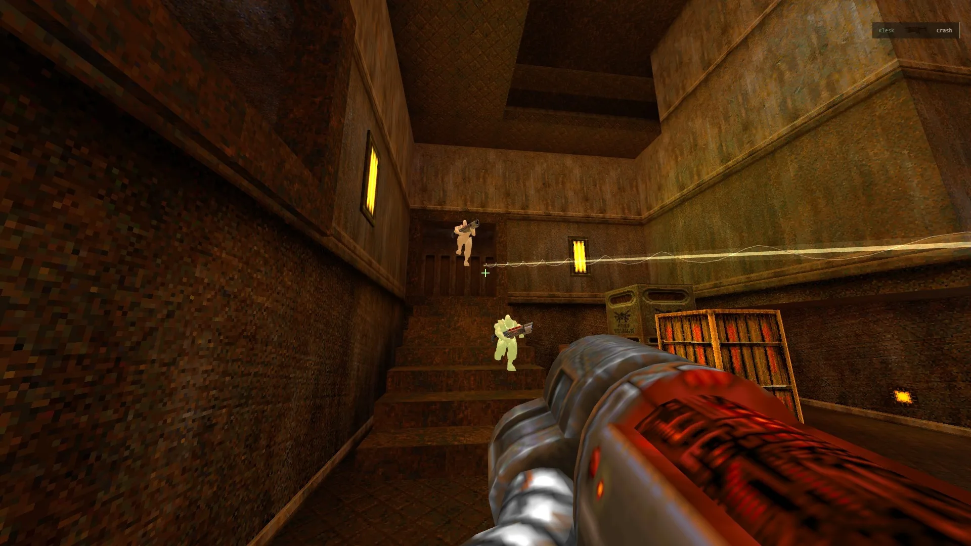 Crossfire on the stairs by the crates: two opponents and a rail in the air