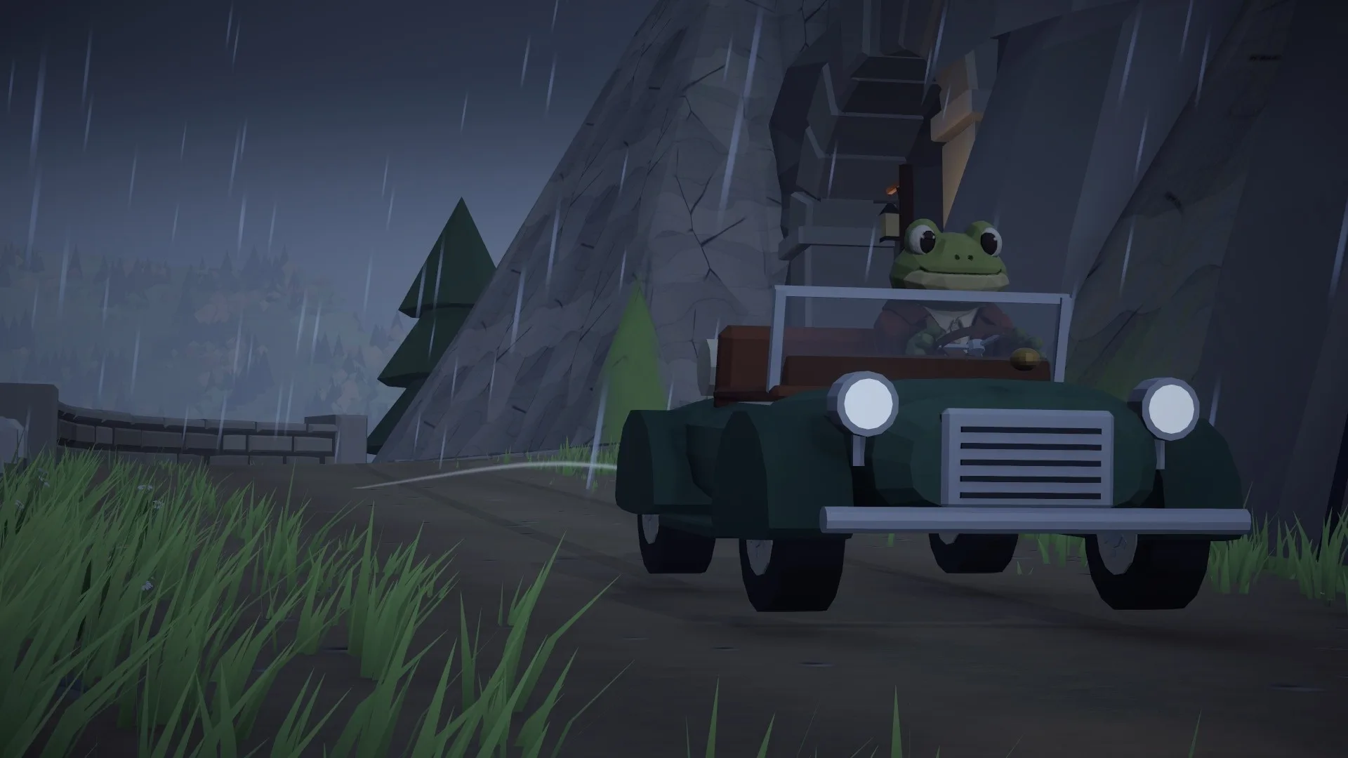 Jabi drives the mayor’s car down a mountain road through a rainstorm