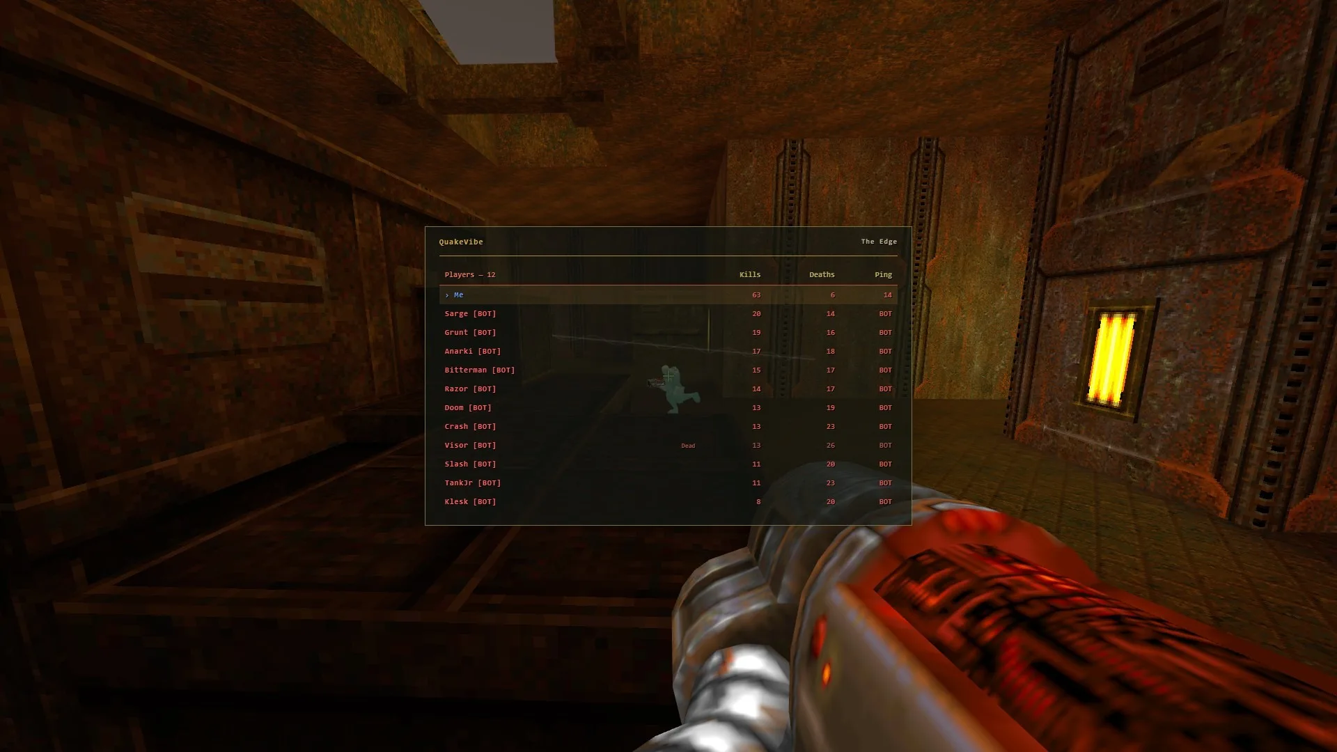 The Tab scoreboard in a dark corridor: the player, shown as “Me” in blue, leads the bots